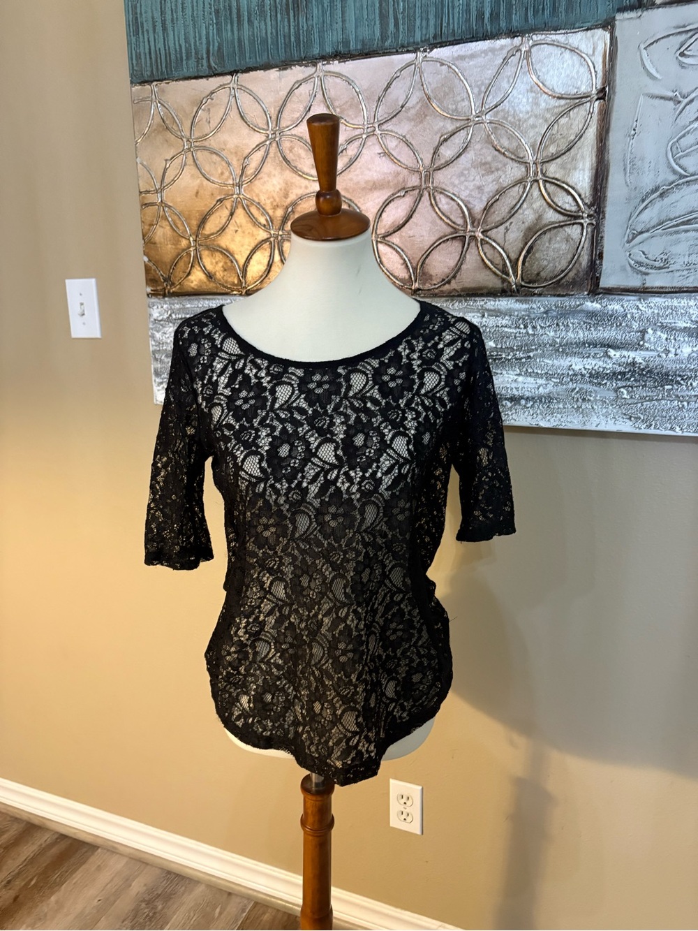 NY Collection Black Lace Short Sleeve Blouse